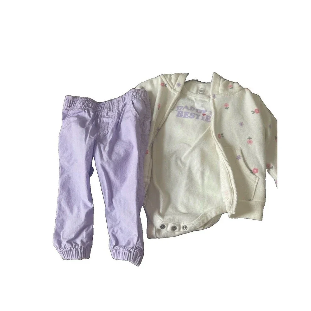 Geranimals Girls 3pc Pants Set 6-9M Floral Zip Hoodie Bodysuit Purple